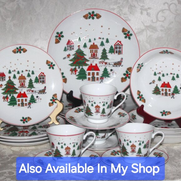 Christmas Poinsettia Dinnerware Set | Holly Berries & Red Ribbon - Picture 8 of 9